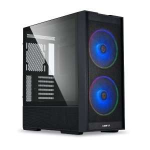 "Front view of the Lian Li Lancool 206 RGB Mid-Tower ATX Case in black, showcasing its sleek design with mesh panels, RGB lighting strip on the front, and a spacious interior for PC components."