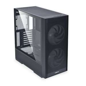 "Front view of the Lian Li Lancool 206 RGB Mid-Tower ATX Case in black, showcasing its sleek design with mesh panels, RGB lighting strip on the front, and a spacious interior for PC components."