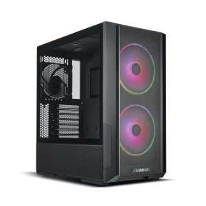 "Front view of the Lian Li Lancool 216 RGB Mid-Tower ATX Case in black, featuring a modern design with mesh panels, RGB lighting accents, and a spacious interior for custom PC builds."