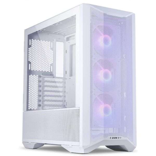 "Front view of the Lian Li Lancool II Mesh RGB Mid-Tower ATX Case in Snow White, highlighting its clean, elegant design with mesh panels, RGB lighting accents, and ample space for custom PC components."