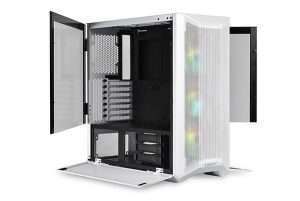 "Front view of the Lian Li Lancool II Mesh RGB Mid-Tower ATX Case in Snow White, highlighting its clean, elegant design with mesh panels, RGB lighting accents, and ample space for custom PC components."