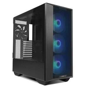 "Front view of the Lian Li Lancool III RGB Mid-Tower ATX Case in black, featuring a sleek design with mesh panels, customizable RGB lighting, and a spacious interior for high-performance PC components."