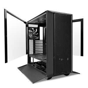 "Front view of the Lian Li Lancool III RGB Mid-Tower ATX Case in black, featuring a sleek design with mesh panels, customizable RGB lighting, and a spacious interior for high-performance PC components."